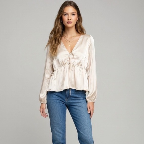 Abercrombie & Fitch Tops - Abercrombie Fitch Satin Peplum Blouse Cream V Neck Long Sleeve Tie Front Small